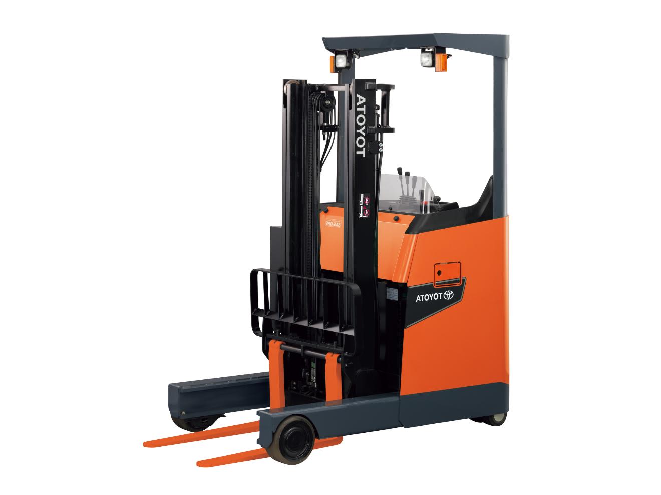 黑橘色立式電動堆高機，外觀寫著TOYOTA，規格1.0噸-3.0噸
